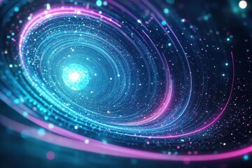 Obraz premium Abstract starry vortex pulling light into its center, soft pastel hues blending into neon blues, luminous 3D render, scifi aesthetic