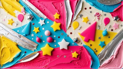 Obraz premium Festive Birthday Cake with Colorful Decorations and Stars