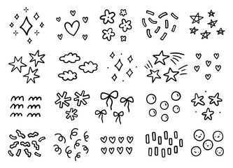 Cute decorative design elements. Abstract squiggles of different shapes - stars, hearts, flowers, confetti, bows, bubbles, waves. Vector hand-drawn doodle illustration isolated on a white background.