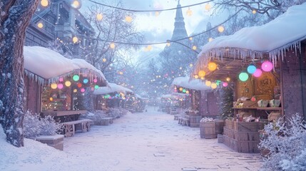 Fototapeta premium Enchanting Winter Wonderland: Magical Outdoor Market with Snow-Covered Stalls and Twinkling Lights | Ultra-Detailed Photorealistic Image