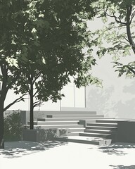 Obraz premium Lush Green Landscape with Bench in Tranquil Garden Setting