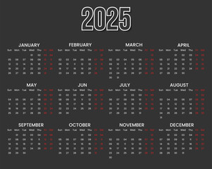 2025 Calendar Year At A Glance on Dark Background
