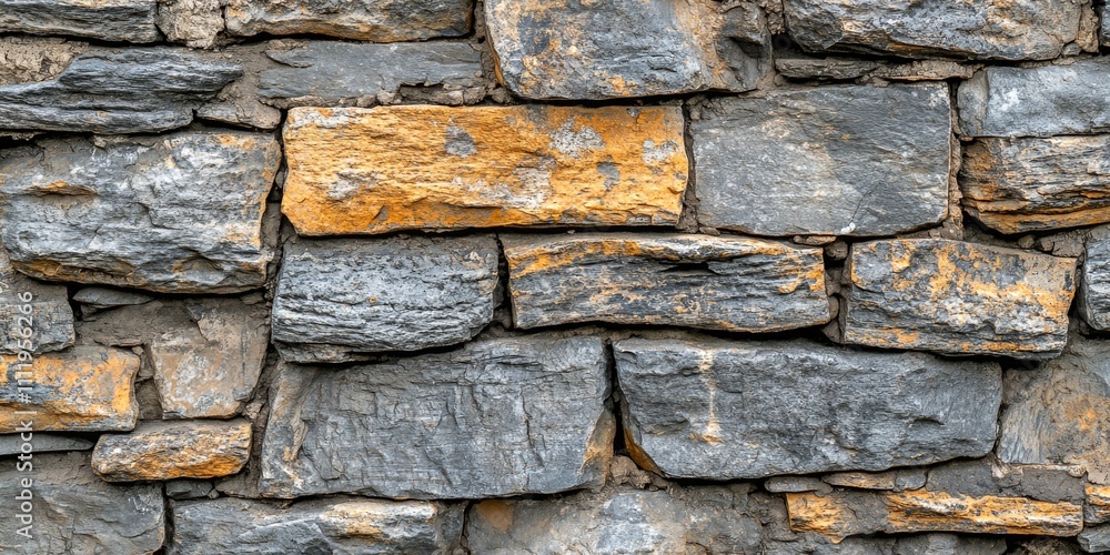 Aufkleber this image features a textured wall made of various stones in shades of gray and hints of yellow. id
