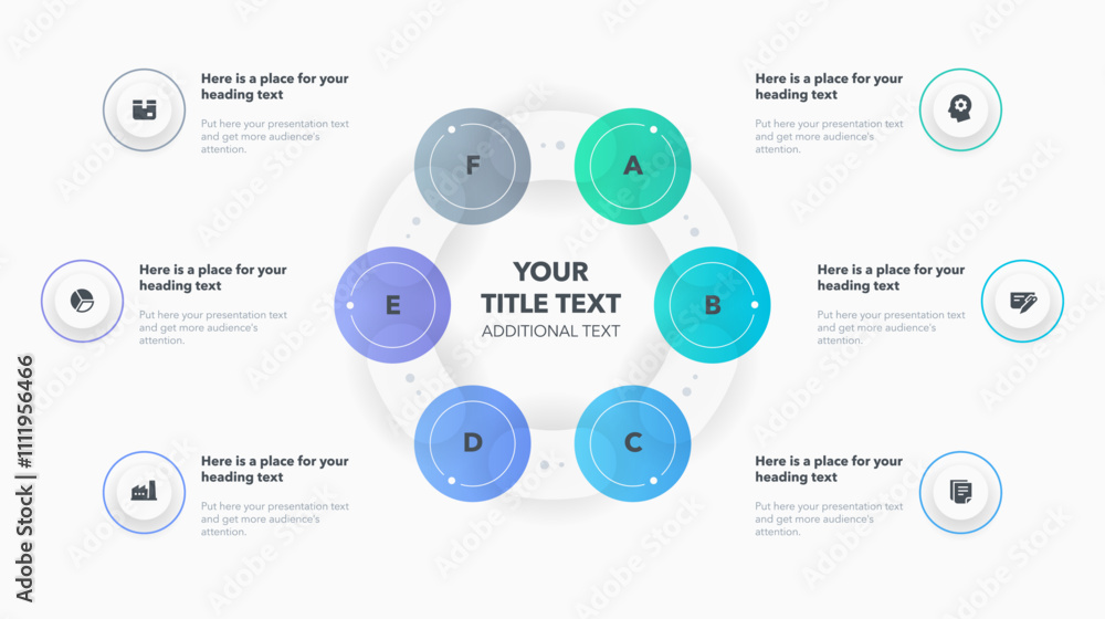 Poster Modern round cycle template with six colorful steps. Infographic diagram divided into six options with icons and place for your text.