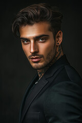Obraz premium tanned skin, hot and attractive Italian mafia billionaire with a tattoo on his neck , wearing a luxurious black suit. Looking at camera with piercing and sensual gaze 