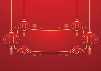 Happy Chinese new year 2025. Chinese new year banner for show product. Greeting card. China frame with lantern on red background.