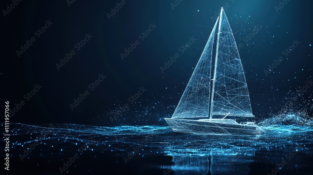 Poster digital sailboat visualization ocean environment 3d animation calm waters futuristic concept for seo