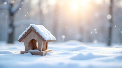 Winter wonderland: A snow-covered birdhouse basks in the warm glow of sunrise, a tranquil scene of nature's beauty.