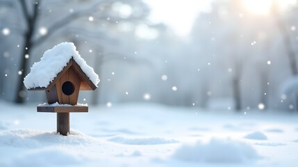 Winter's gentle touch on a snow-covered birdhouse, a serene winter landscape unfolds in soft, muted tones.