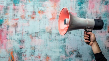 A hand holds up a megaphone against a colorful background.