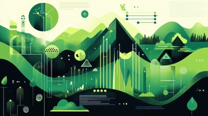 Abstract green landscape with data visualization elements.