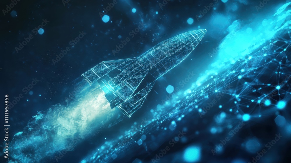 Poster rocket launch simulation space digital art futuristic environment aerial view exploration concept