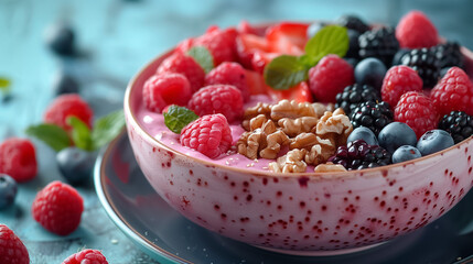 Creative Breakfast with Fruits and Nuts in a Pink Bowl from Above