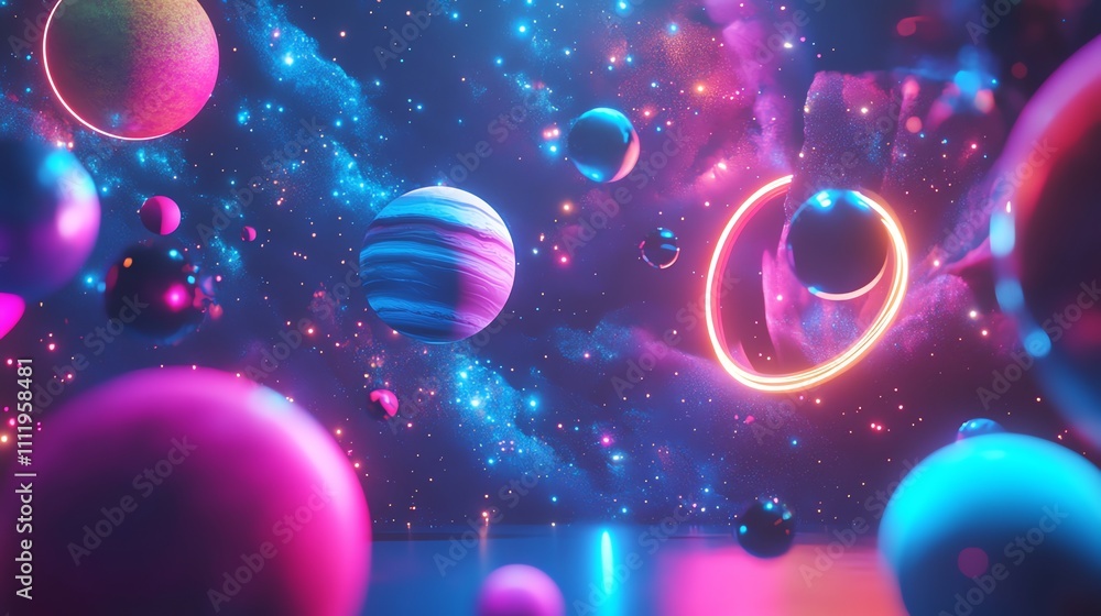 Poster abstract background with colorful planets and neon lights in space.