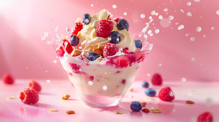 Side view of fruit dessert with yogurt ice cream on pink backgrounds