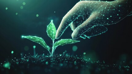 Nurturing growth digital hand planting seedling nature scene green environment futuristic concept