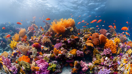 Obraz premium A colorful underwater coral reef teeming with marine life, featuring tropical fish and vibrant coral structures