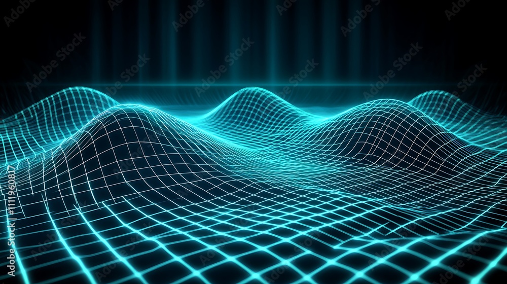 Poster abstract 3d futuristic digital landscape with glowing grid and wavy surface representing data visual