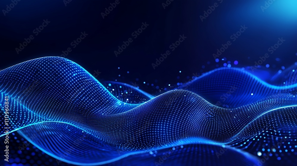 Poster abstract 3d waves with dots and light on dark background for digital art and technology concepts