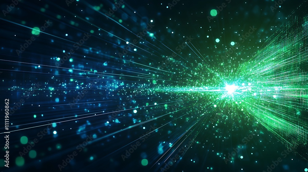 Poster abstract background of light rays and particles in green and blue colors for technology and science 