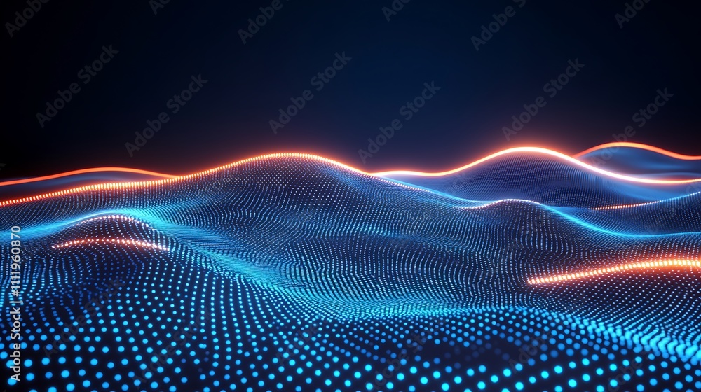 Poster abstract blue and orange digital waves with glowing dots on dark background for technology and scien
