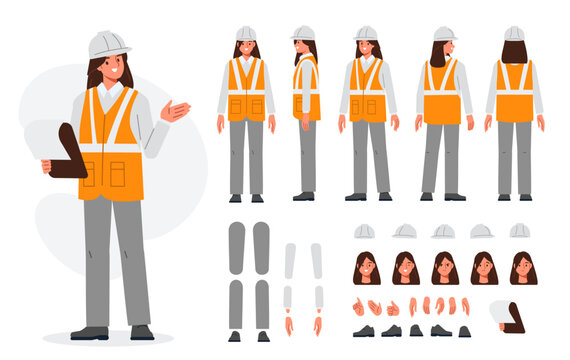 Woman construction engineer in helmet, vest, uniform. Character constructor for animation. Front, side and back view set. Body parts, postures, poses collection. Vector illustration.

