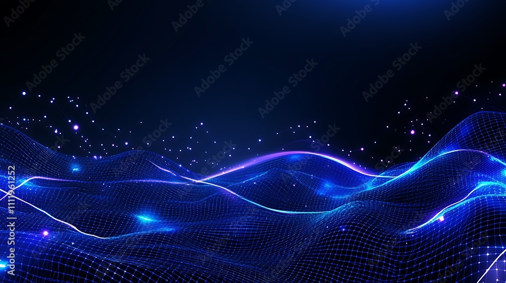 Poster abstract blue glowing wave background with flowing lines and sparkling dots in digital style