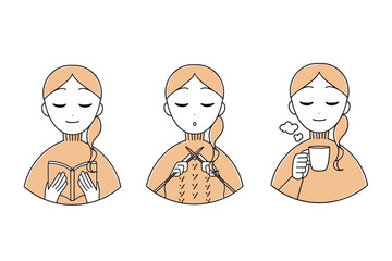 冬にニットを着た女性の表情セット　上半身