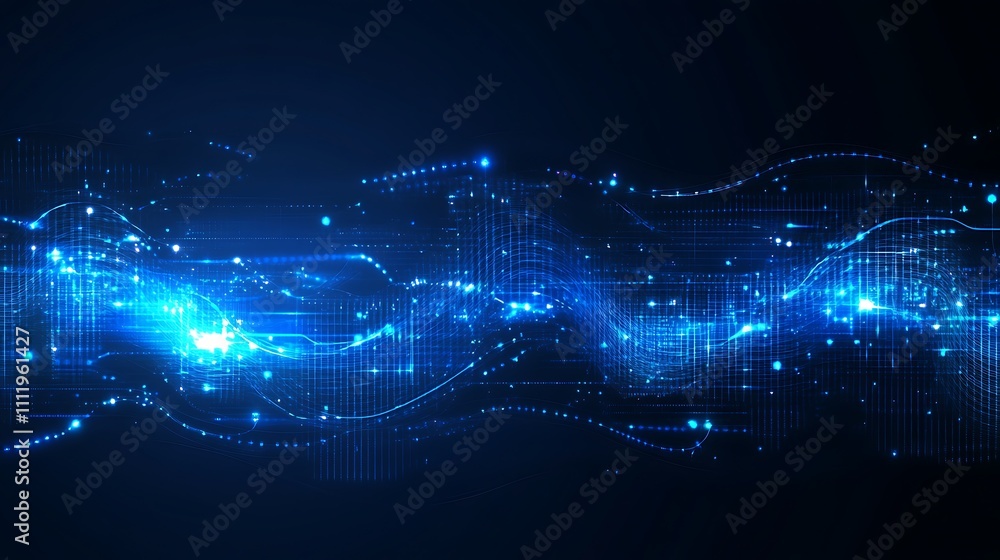 Poster abstract blue light waves with glowing particles in a dark gradient background for technology and sc