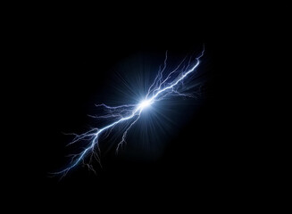 A bright, bluish-white electrical discharge streaks across a pitch-black background, emanating a radiant glow at its center. The branching lines suggest raw power and energy.