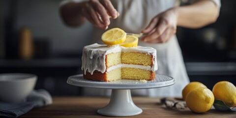 A beautiful lemon cake adorned with fresh lemon slices. This image captures the essence of baking. Perfect for food blogs and recipe sharing. A bright and inviting kitchen scene. AI