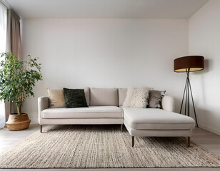 A minimalist living room with a neutral-toned sofa, a cozy area rug, a floor lamp with a sleek design, and a few potted plants adding greenery. The space is bright, airy, and uncluttered, with a moder