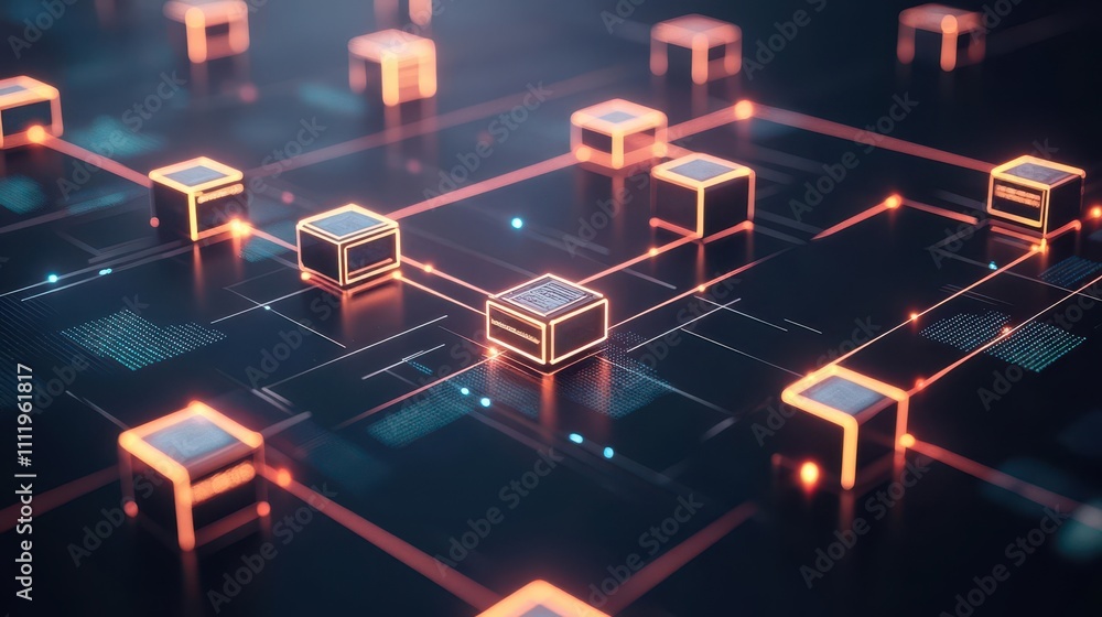 Aufkleber Blockchain nodes connected by glowing security protocols side view symbolizing trust and decentralization digital tone Monochromatic Color Scheme