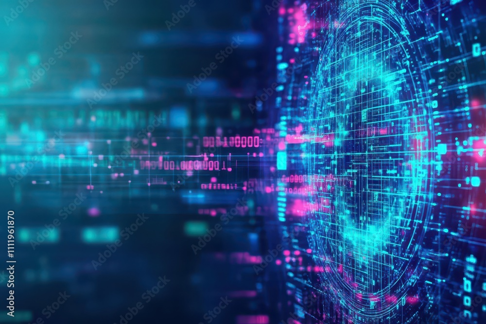 Poster Blockchain ledger being guarded by a digital sentinel side view representing trust and transparency technology tone Tetradic color scheme