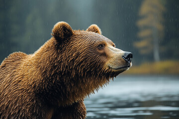Obraz premium Grizzly Bear in the Rain Near a Lake