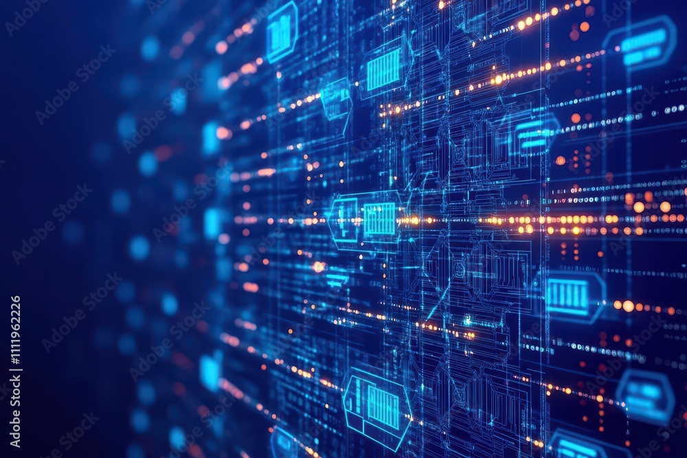 Poster Blockchain patterns glowing in a weblike network of secure data flow side view representing global security technology tone Colored Pastel