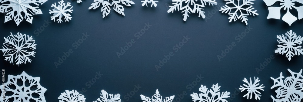 Poster delicate handcrafted paper snowflakes are arranged around a blank area, perfect for personalized mes