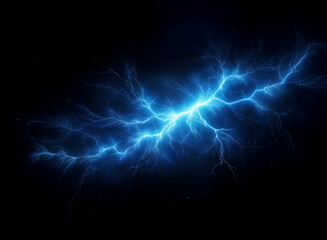 A vibrant blue electric discharge, resembling lightning, branches across a pitch-black background. The energy crackles with intensity.