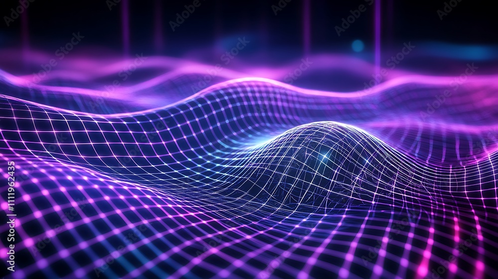 Poster abstract colorful landscape of waves with neon grid lines in futuristic digital style