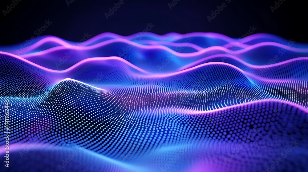 Poster abstract colorful wave form with glowing particles in a dark background for technology and design co