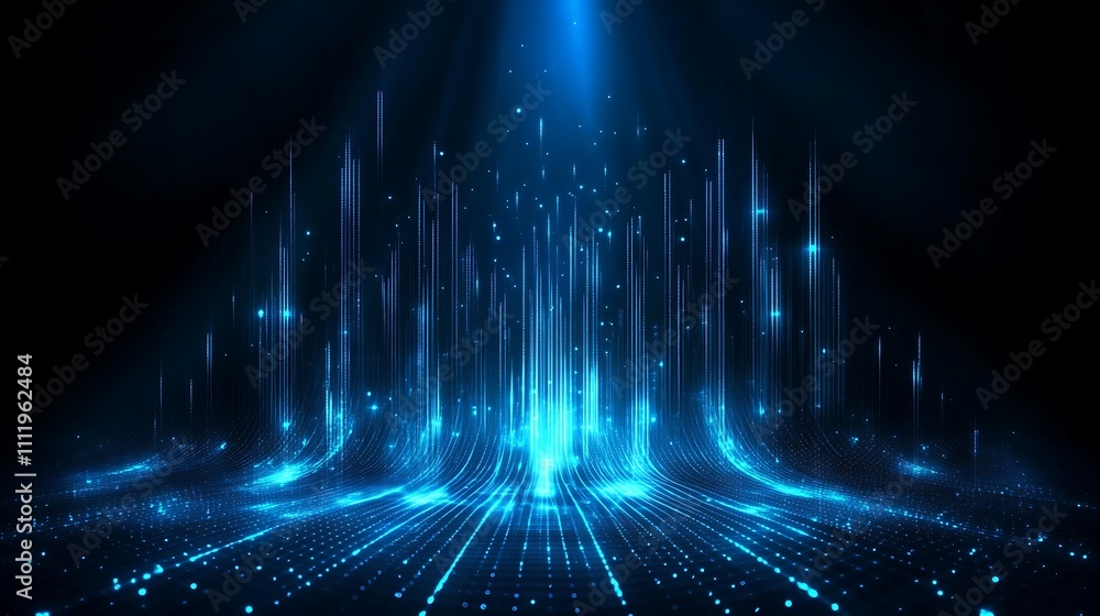Poster abstract digital background with bright blue light rays and glowing particles creating a futuristic 