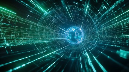 Obraz premium Abstract Digital Background of Futuristic Data Flow and Light Trails in Circular Tunnel with Blue and Green Colors