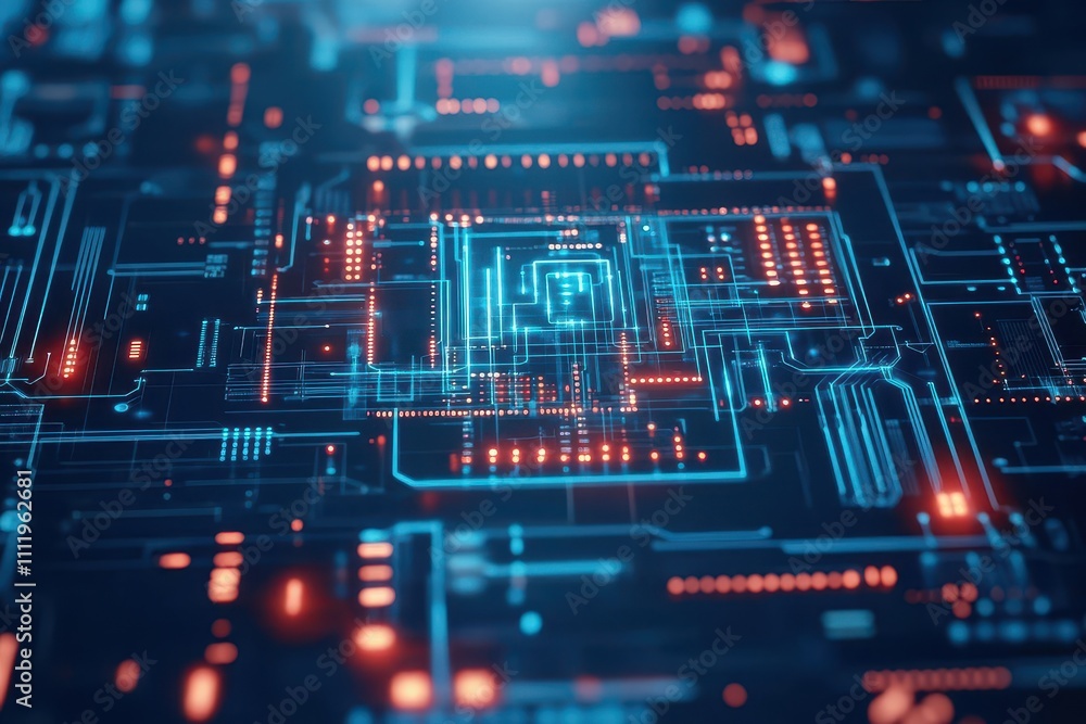Poster Blockchain system with digital binary locks and holographic circuits top view emphasizing stateoftheart technology advanced tone Complementary Color Scheme