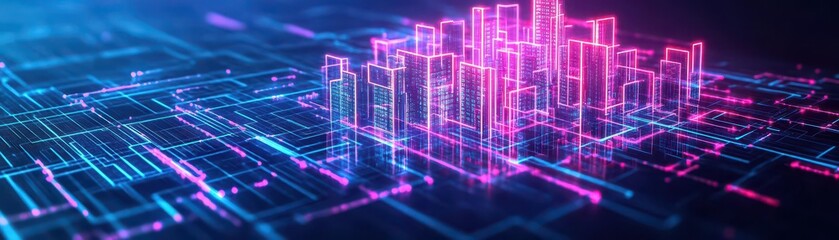 Fototapeta premium Blockchain system visualized as a glowing city with digital walls top view symbolizing data protection cybernetic tone Triadic Color Scheme