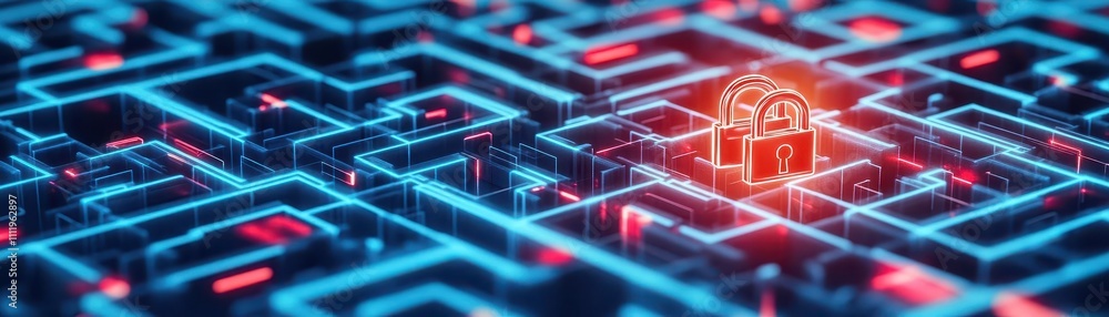 Poster Blockchain technology as a glowing labyrinth secured by digital padlocks top view symbolizing complexity and safety advanced tone Vivid