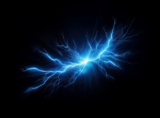 A vibrant blue electrical discharge, resembling a lightning bolt, bursts forth against a stark black background.  Its energy radiates outward in intricate, branching patterns.