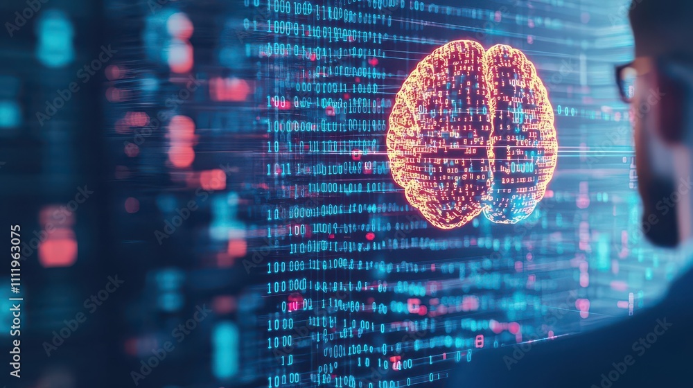 Poster businessman and a digital brain hologram connected by streams of binary code, futuristic office back