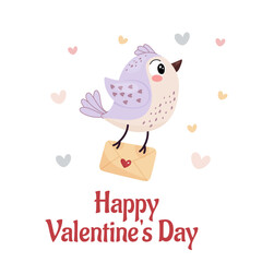 Happy Valentines Day, cute bird card with letter, simple flat style.
