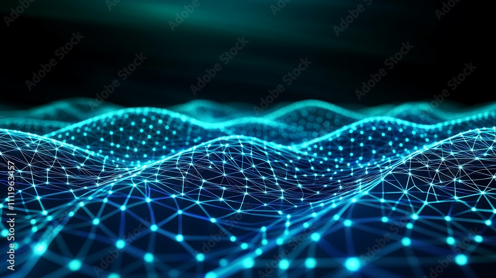 Poster abstract digital landscape with connected dots and lines representing data waves in blue and green c