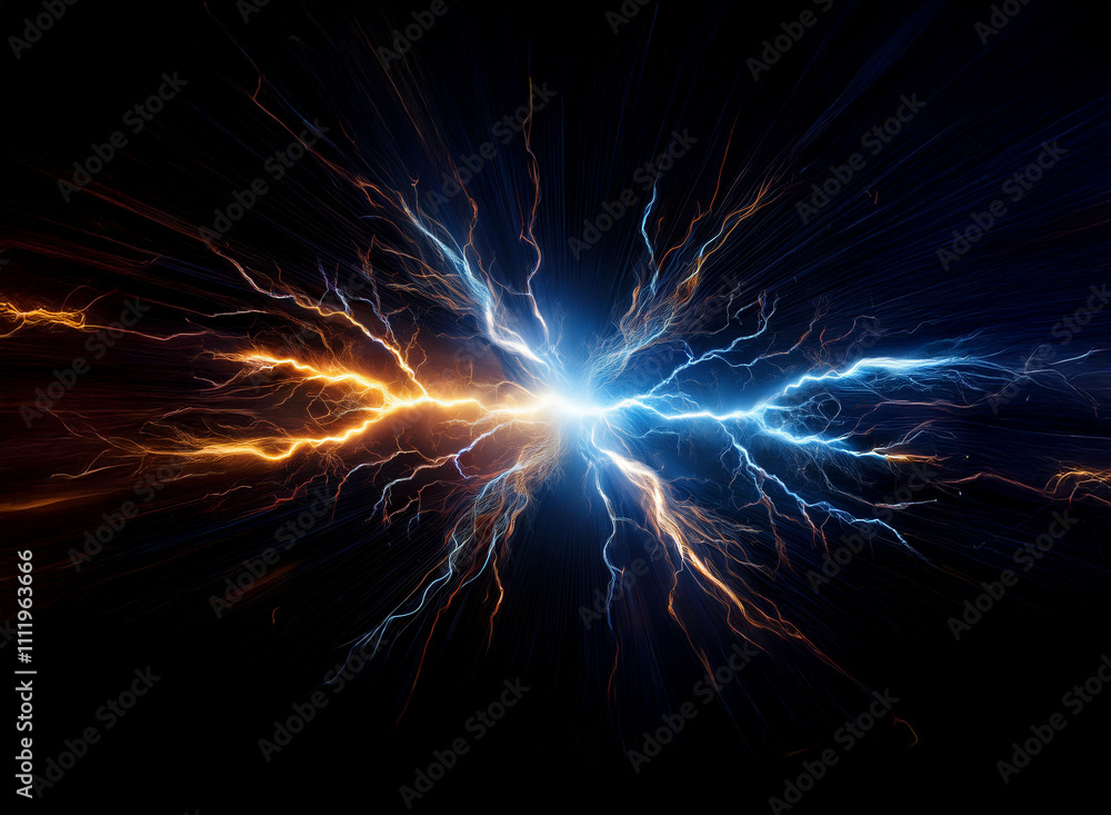 Aufkleber Clashing streams of blue and orange energy explode from a central point, radiating outwards in a chaotic yet symmetrical pattern against a dark background.  The image evokes power and opposing forces.